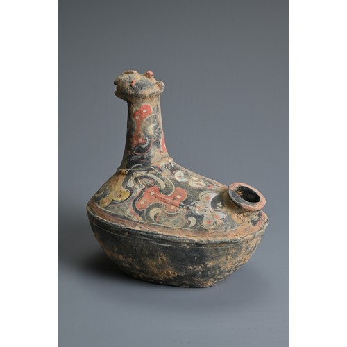 113 - A CHINESE HAN DYNASTY STYLE PAINTED GREY POTTERY CHICKEN EWER, of unusual form with opening to one s... 