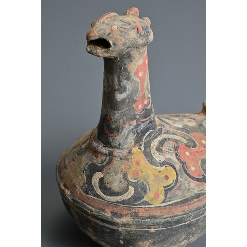 113 - A CHINESE HAN DYNASTY STYLE PAINTED GREY POTTERY CHICKEN EWER, of unusual form with opening to one s... 