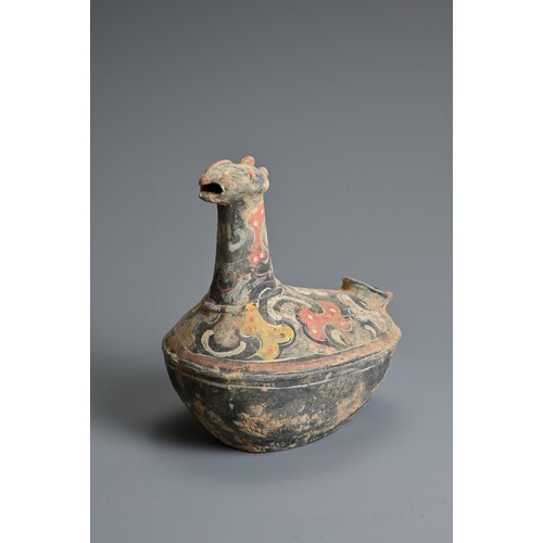 113 - A CHINESE HAN DYNASTY STYLE PAINTED GREY POTTERY CHICKEN EWER, of unusual form with opening to one s... 