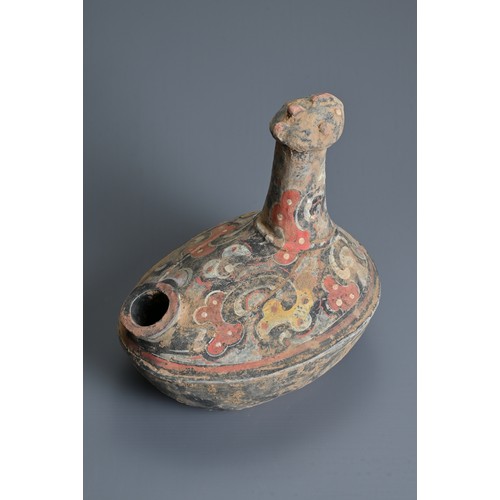 113 - A CHINESE HAN DYNASTY STYLE PAINTED GREY POTTERY CHICKEN EWER, of unusual form with opening to one s... 