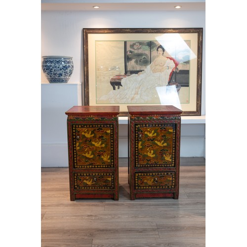 211 - PAIR OF EARLY 20TH CENTURY TIBETAN POLYCHROME LACQUERED CABINETS, of square form each with a planked... 