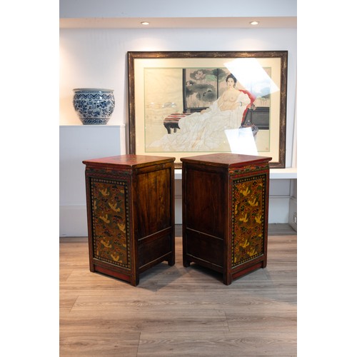 211 - PAIR OF EARLY 20TH CENTURY TIBETAN POLYCHROME LACQUERED CABINETS, of square form each with a planked... 