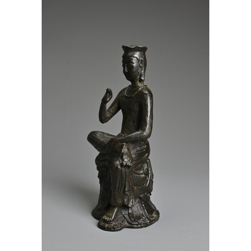 177 - A KOREAN-STYLE CAST METAL BODHISATTVA, MAITREYA, after the 6-7th century model, seated with right le... 