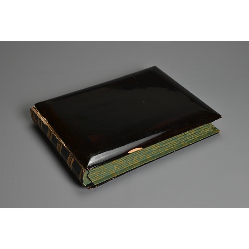 250 - A JAPANESE LACQUER PHOTOGRAPH ALBUM, EARLY 20TH CENTURY. Leather spine with black lacquered covers i... 