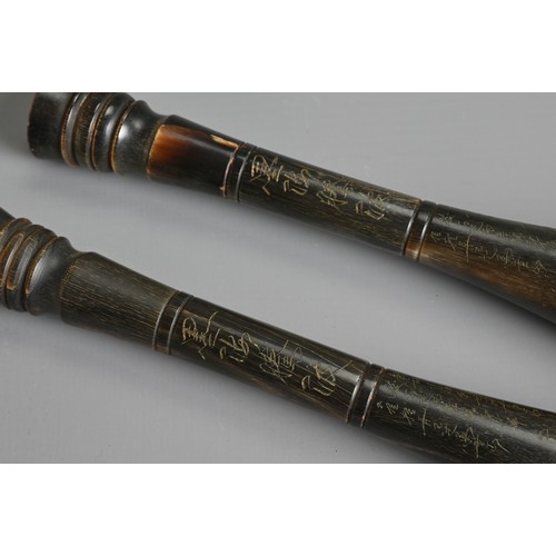 217 - TWO CHINESE CALLIGRAPHY BRUSHES MOUNTED WITH OX BUFFALO HORN HANDLES, EARLY 20TH CENTURY. Each with ... 