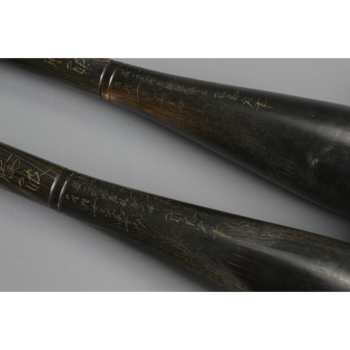 217 - TWO CHINESE CALLIGRAPHY BRUSHES MOUNTED WITH OX BUFFALO HORN HANDLES, EARLY 20TH CENTURY. Each with ... 