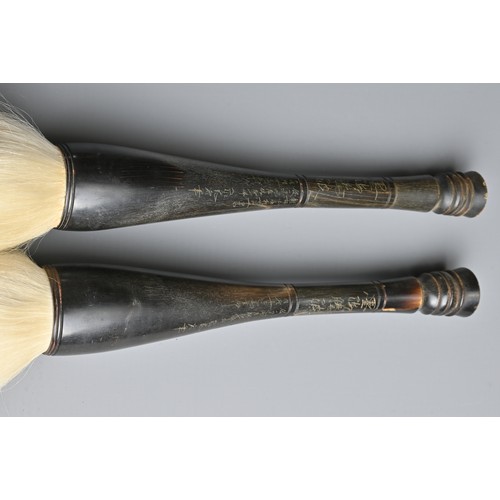 217 - TWO CHINESE CALLIGRAPHY BRUSHES MOUNTED WITH OX BUFFALO HORN HANDLES, EARLY 20TH CENTURY. Each with ... 