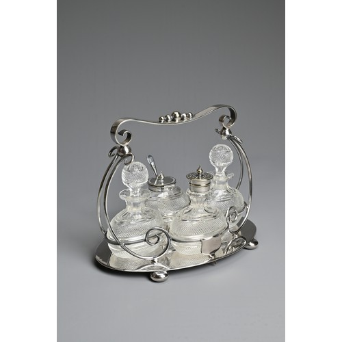 273 - AN ENGLISH SILVER PLATED CRUET SET BY MARK WILLIS & SONS, SHEFFIELD C.1910. With four glass containe... 