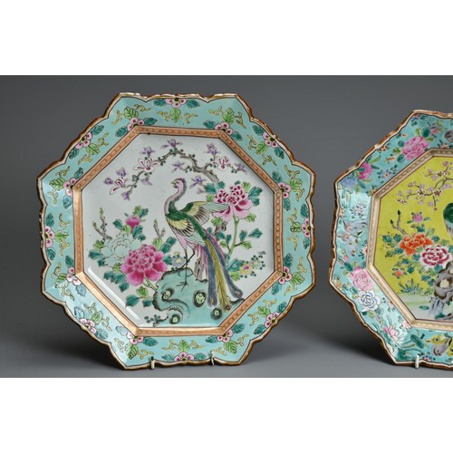 257 - TWO 19TH CENTURY JAPANESE CANTON FAMILLE ROSE OCTAGONAL DISHES, heavily potted with petal lobed rim,... 