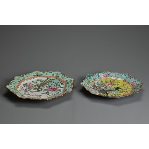 257 - TWO 19TH CENTURY JAPANESE CANTON FAMILLE ROSE OCTAGONAL DISHES, heavily potted with petal lobed rim,... 