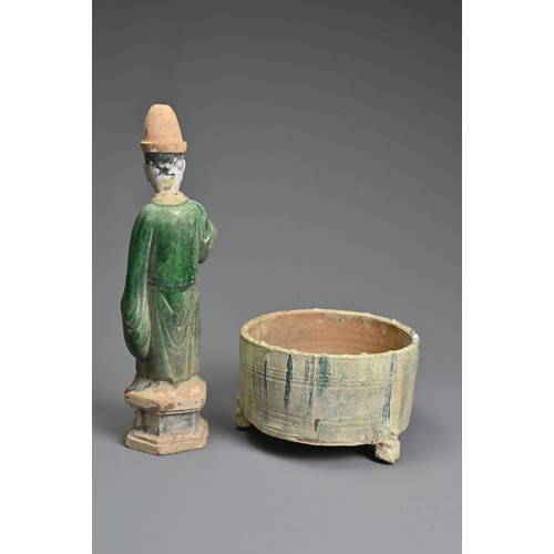 115 - A CHINESE HAN DYNASTY GREEN GLAZED CENSER WITH A MING DYNASTY SANCAI GLAZED FIGURE OF A GROOM, the c... 