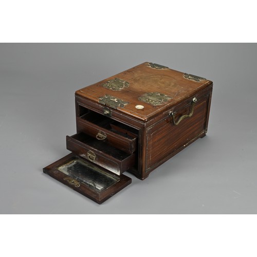 215 - A CHINESE HARDWOOD TRAVELLING VANITY CASE, 19/20TH CENTURY. Of rectangular form with metal handles a... 