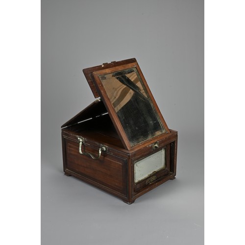 215 - A CHINESE HARDWOOD TRAVELLING VANITY CASE, 19/20TH CENTURY. Of rectangular form with metal handles a... 