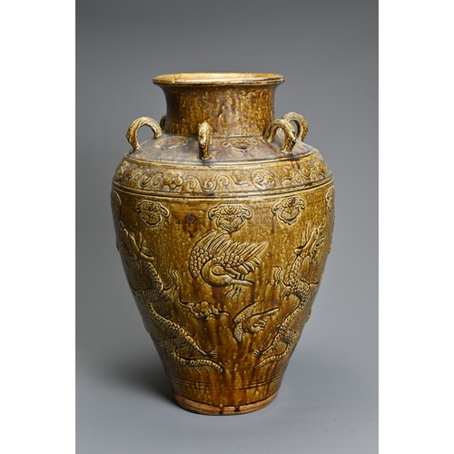 169 - A LARGE CHINESE OR SOUTHEAST ASIAN BROWN GLAZED MARTABAN STORAGE JAR, 17/18TH CENTURY. Moulded with ... 