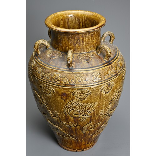 169 - A LARGE CHINESE OR SOUTHEAST ASIAN BROWN GLAZED MARTABAN STORAGE JAR, 17/18TH CENTURY. Moulded with ... 