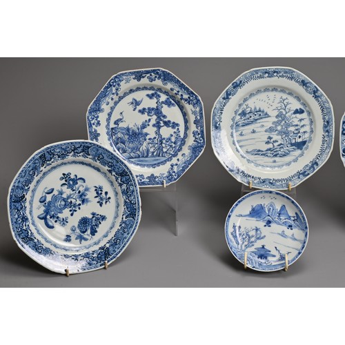 57 - A GROUP OF CHINESE BLUE AND WHITE EXPORT PORCELAIN DISHES, 18TH CENTURY. To include five octagonal l... 