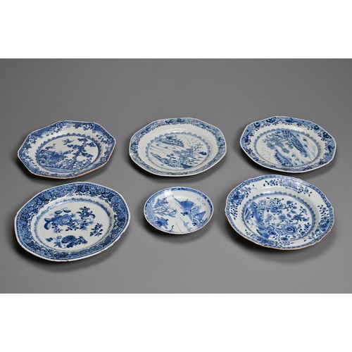 57 - A GROUP OF CHINESE BLUE AND WHITE EXPORT PORCELAIN DISHES, 18TH CENTURY. To include five octagonal l... 