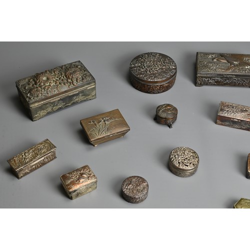 235 - A GROUP OF JAPANESE MIXED METALWARE BOXES AND COVERS, 20TH CENTURY. All detailed in relief with vari... 