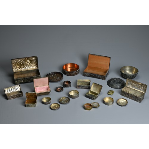 235 - A GROUP OF JAPANESE MIXED METALWARE BOXES AND COVERS, 20TH CENTURY. All detailed in relief with vari... 