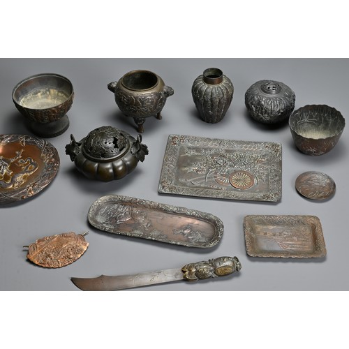 234 - A GROUP OF JAPANESE MIXED METALWARE ITEMS, 20TH CENTURY. To include various trays, dishes, a letter ... 