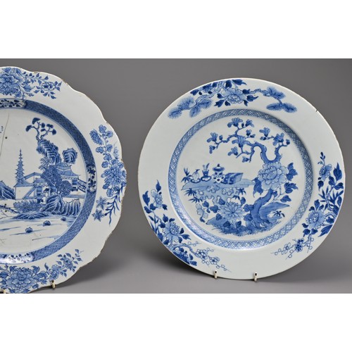 106 - TWO LARGE CHINESE BLUE AND WHITE EXPORT PORCELAIN DISHES, 18TH CENTURY. A lobed dish decorated with ... 