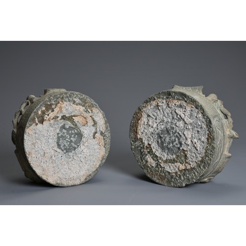 226 - A PAIR OF CHINESE DECORATIVE STONE CARVINGS, MING/QING DYNASTY, of circular form with relief openwor... 