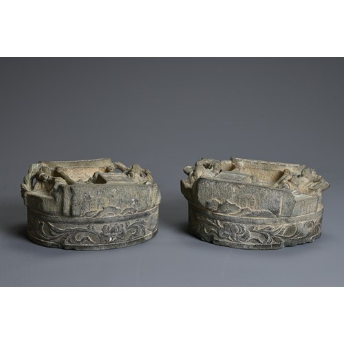 226 - A PAIR OF CHINESE DECORATIVE STONE CARVINGS, MING/QING DYNASTY, of circular form with relief openwor... 