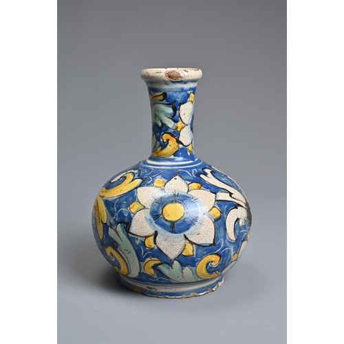 266 - A CALTAGIRONE MAIOLICA BOTTLE-SHAPED VASE, 17-18TH CENTURY. With tall neck, painted overall with flo... 