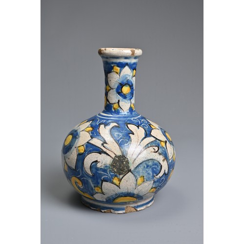 266 - A CALTAGIRONE MAIOLICA BOTTLE-SHAPED VASE, 17-18TH CENTURY. With tall neck, painted overall with flo... 