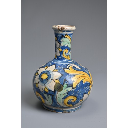 266 - A CALTAGIRONE MAIOLICA BOTTLE-SHAPED VASE, 17-18TH CENTURY. With tall neck, painted overall with flo... 