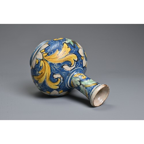 266 - A CALTAGIRONE MAIOLICA BOTTLE-SHAPED VASE, 17-18TH CENTURY. With tall neck, painted overall with flo... 