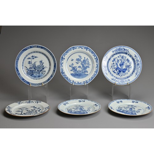 46 - A GROUP OF SIX CHINESE BLUE AND WHITE PORCELAIN DISHES, 18TH CENTURY. An octagonal lobed dish with f... 