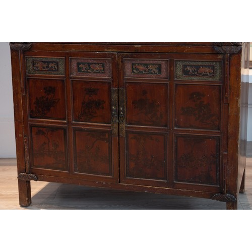 213 - CHINESE RED LACQUER CABINET, 19/20TH CENTURY. With a planked top above twin doors with two shelves a... 