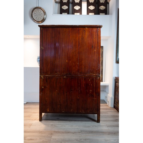 213 - CHINESE RED LACQUER CABINET, 19/20TH CENTURY. With a planked top above twin doors with two shelves a... 