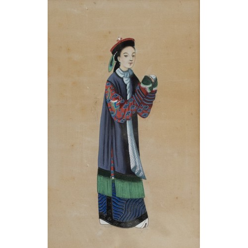 186 - THREE c.1855 CHINESE PITH PAINTINGS, QING DYNASTY - Depicting figures in court attire, watercolour a... 