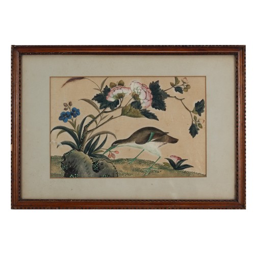 196 - THREE c.1855 CHINESE PITH PAINTINGS, QING DYNASTY - Exotic birds within floral landscape scenes, wat... 