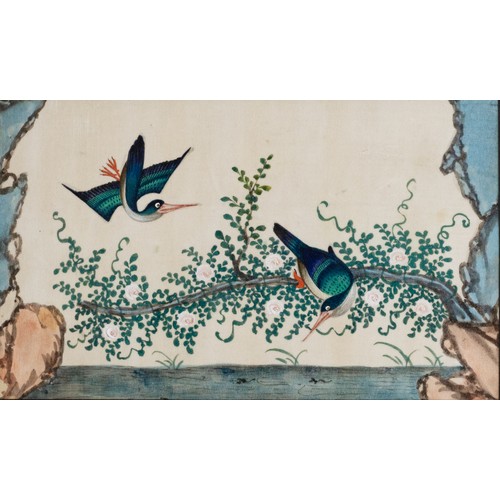 197 - TWO CHINESE PITH PAINTINGS, QING DYNASTY - Depicting pairs of exotic birds on branches, watercolour ... 