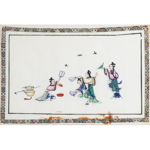 185 - TWO CHINESE PITH PAINTINGS, QING DYNASTY - Court ladies at leisure, watercolour and bodycolour on ri... 