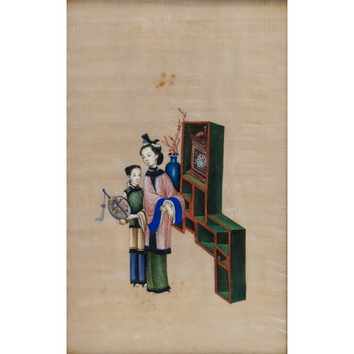 184 - TWO CHINESE PITH PAINTINGS, QING DYNASTY - Each depicting court ladies next to furnishings and ornam... 