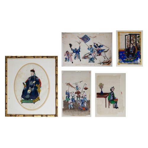 187 - FIVE CHINESE PITH PAINTINGS, QING DYNASTY - Depicting figures in different scenes: two procession sc... 