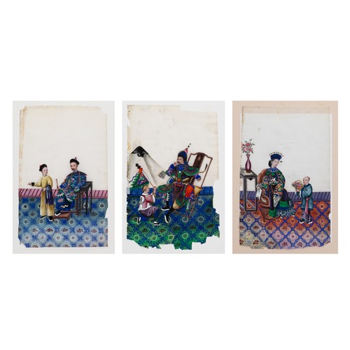 188 - A SET OF THREE CHINESE PITH PAINTINGS, QING DYNASTY - Each finely painted depicting various figures ... 