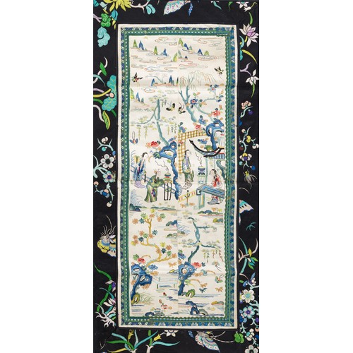 291 - TWO CHINESE SILK EMBROIDERED PANELS, 19/20TH CENTURY. Each of rectangular form, cream ground featuri... 