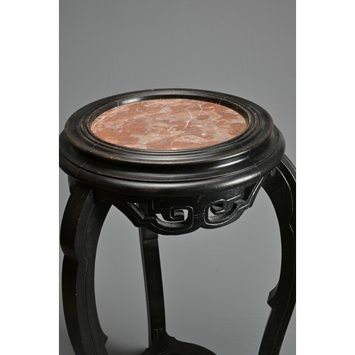 207 - A CHINESE STYLE JARDINIERE STAND WITH RED MARBLE TOP, 20TH CENTURY. On three curved scroll legs with... 