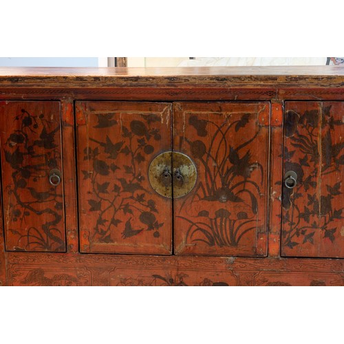 212 - EARLY 20TH CENTURY CHINESE LACQUERED ALTAR TABLE, with carved dragon panels on either side and paint... 