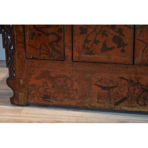 212 - EARLY 20TH CENTURY CHINESE LACQUERED ALTAR TABLE, with carved dragon panels on either side and paint... 