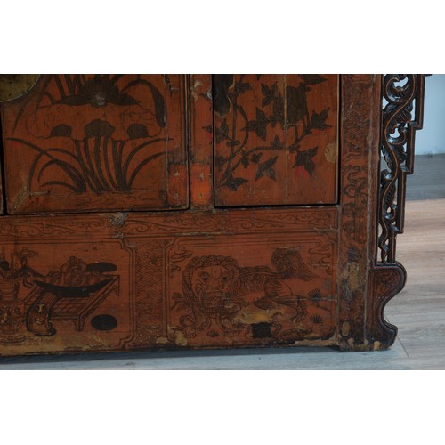 212 - EARLY 20TH CENTURY CHINESE LACQUERED ALTAR TABLE, with carved dragon panels on either side and paint... 