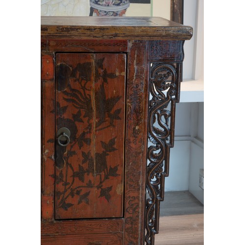 212 - EARLY 20TH CENTURY CHINESE LACQUERED ALTAR TABLE, with carved dragon panels on either side and paint... 