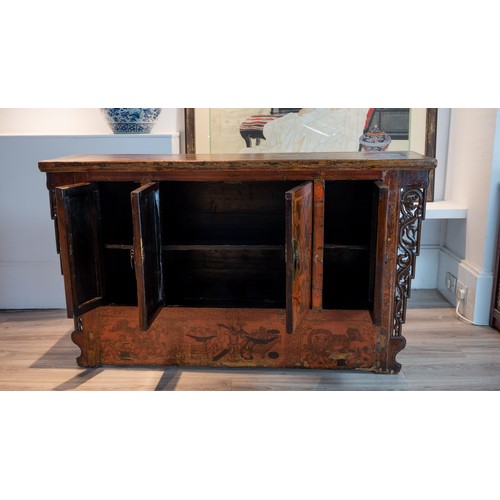 212 - EARLY 20TH CENTURY CHINESE LACQUERED ALTAR TABLE, with carved dragon panels on either side and paint... 