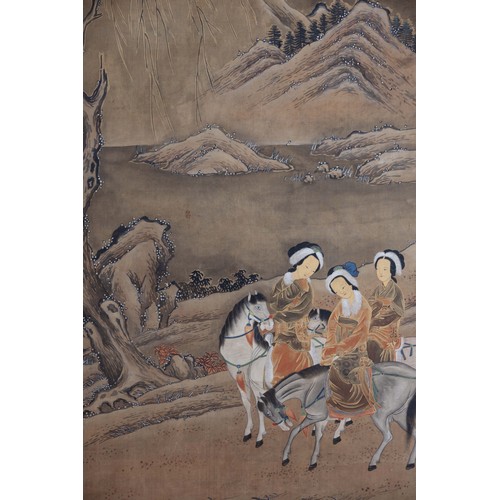 348 - AFTER LIU SONGNIAN (1174-1224) - Beauties on Horseback, ink, watercolour and gold paint on silk moun... 