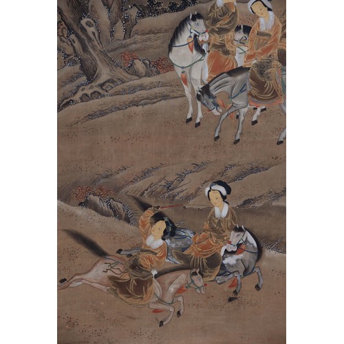 348 - AFTER LIU SONGNIAN (1174-1224) - Beauties on Horseback, ink, watercolour and gold paint on silk moun... 